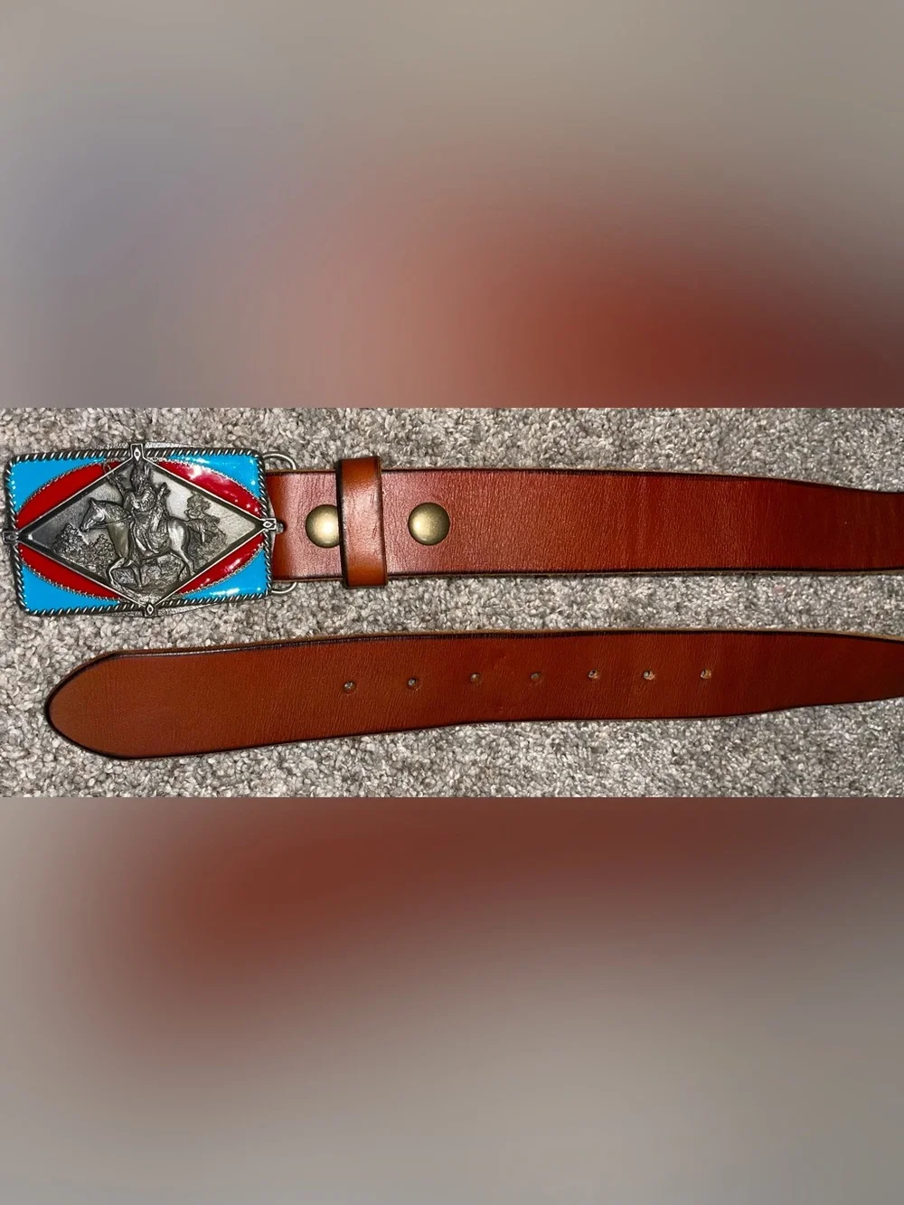Vintage Pewter Native American belt buckle red turquoise + brown leather belt XL
